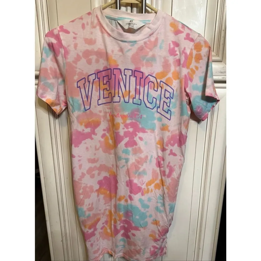 H&M Kids Crew Neck Tie Dye Venice Print T-shirt Dress Pink Multi Size 6-8Y NWOT